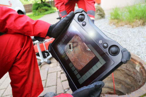 Plumber inspecting a sewer using a camera